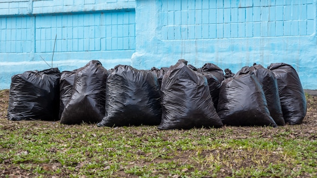 Garbage collection on the streets of the city. bags of garbage.
seasonal cleaning of city streets