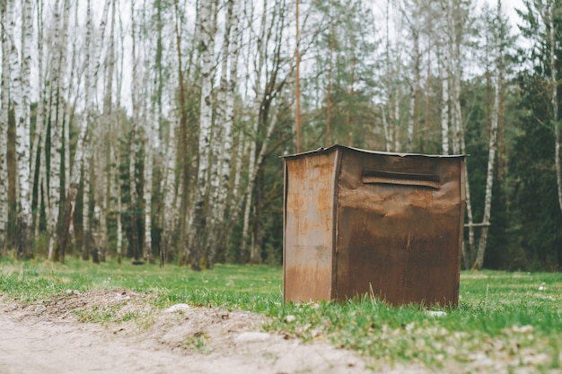 Garbage container in countryside, in birch grove. Brown rusty trash can on the grass in forest