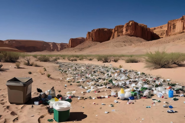 garbage in the desert on the background of rocky mountains