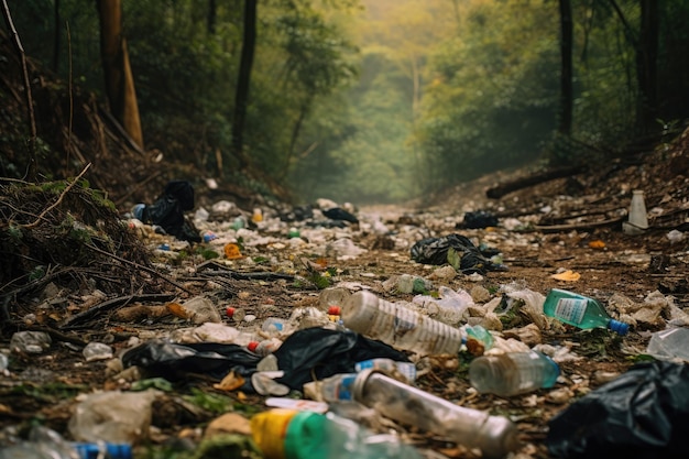 숲속의 쓰레기 처리장 환경 오염과 생태학의 개념 식물들 사이의 숲 속 쓰레기 더미 AI가 생성한 모든 곳의 자연에 독성 플라스틱