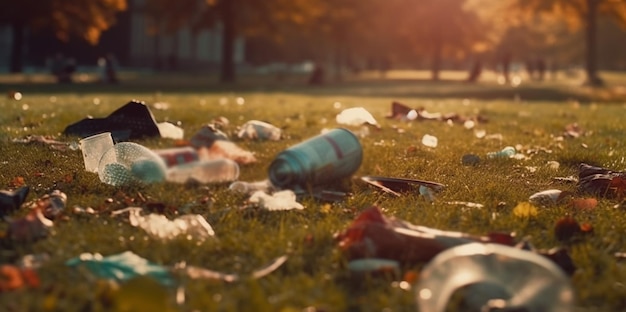 Garbage on green grass in the park Generative Ai