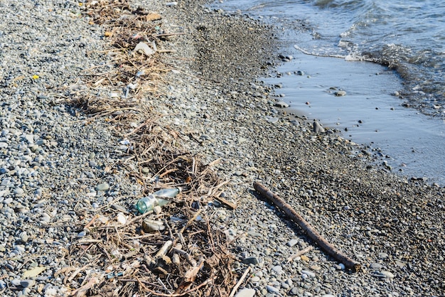 写真 ゴミ、がらくた、ごみ、小石の海岸の海のビーチで壊れた木の枝、環境保護の概念、水平ライフスタイルストックフォト画像写真の背景