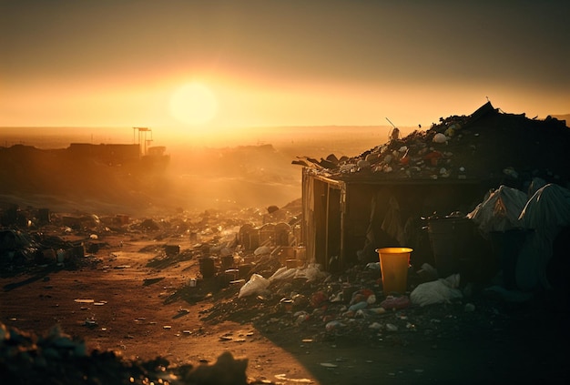 Garbage in a landfill with sunshine