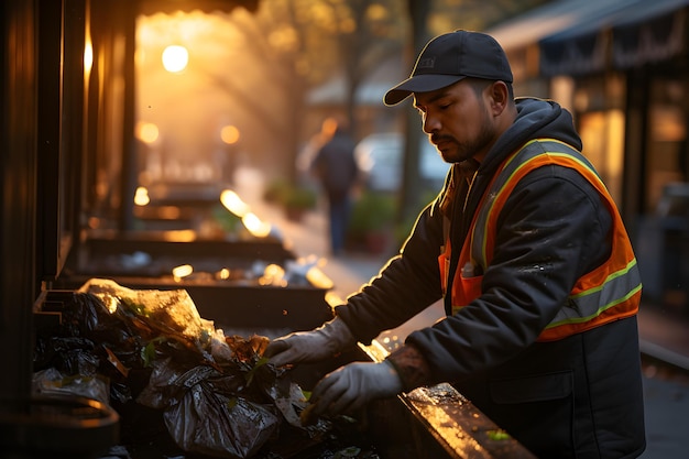 Photo garbage man working in the morning to picking plastic to garbage truck