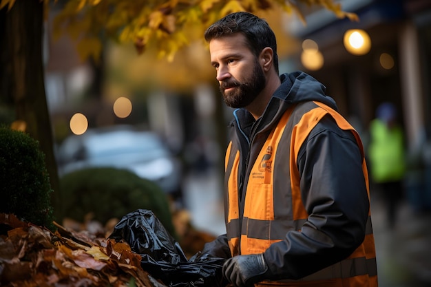 Photo garbage man working in the morning to picking plastic to garbage truck