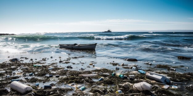 Foto spazzatura sulla riva dell'oceano