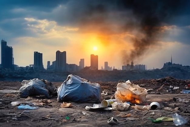 環境汚染と生態学的バランスの挑戦を象徴する都市郊外のゴミの過積み重ね