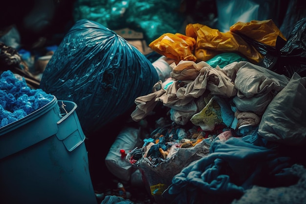 Garbage piles from overfilled trash bins closeup overflowing garbage