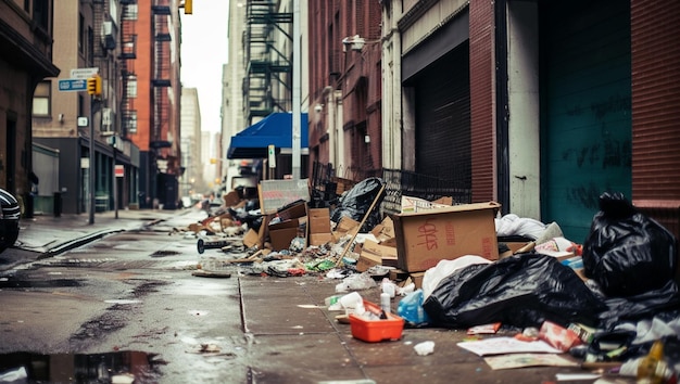 Garbage and piles of junk in city street old damaged neighbourhood needs cleaning