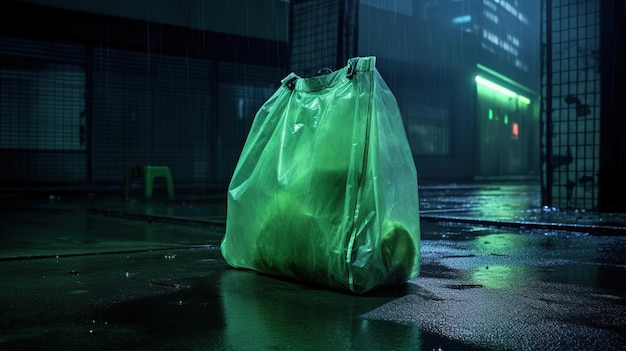 Garbage plastic bag stands on an empty night city street