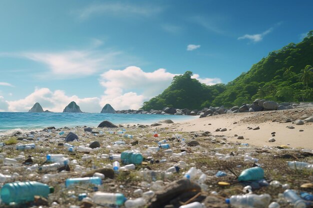 Foto spazzatura e bottiglie di plastica su una spiaggia