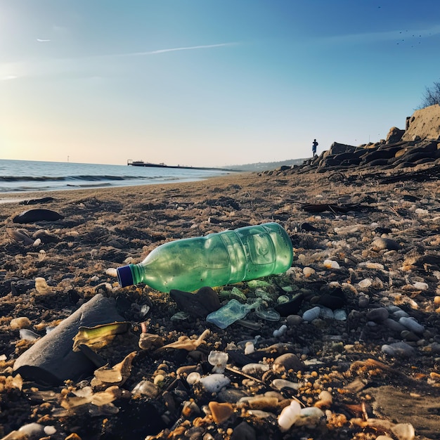 저수지 나 바다 연안 에 있는 쓰레기 플라스틱 병 들