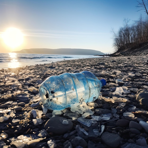 Garbage plastic bottles on the shore of the reservoir or the sea