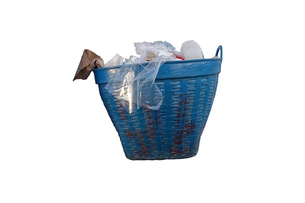 Photo garbage plastic paper in blue basket bin isolated on white background clipping path