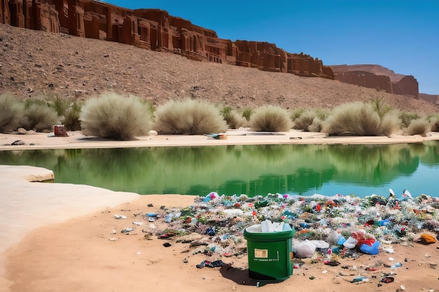 garbage in the prairie near a dirty lake against a background of rocky mountains