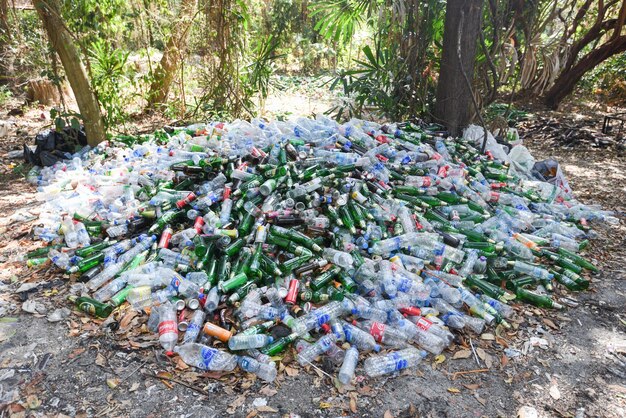 Photo garbage recycle plastic and glass bottle in nature pollution or waiting for recycling pollution waste management concept