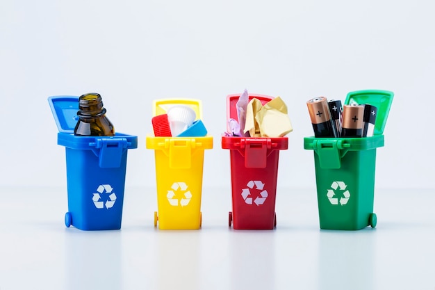 Garbage recycling containers with different types of trash on white background