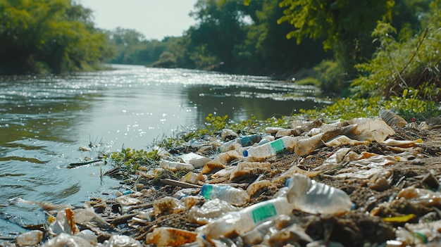 Garbage on the river bank Environmental pollution Plastic trash generative ai