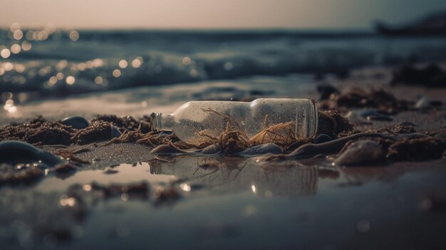 Photo garbage in the sea with plastic bottle on beach sandy dirty sea on the island