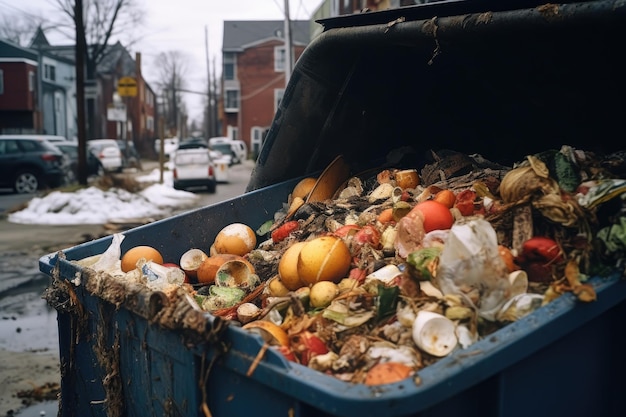 Garbage in a trash can Garbage in the city A gritty urban image of food waste in an abandoned Dumpster AI Generated