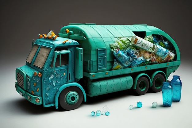 Foto camion della spazzatura che raccoglie e smaltisce bottiglie di plastica