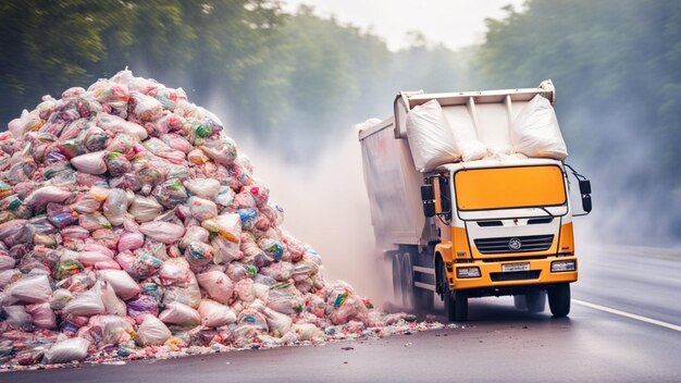 Foto camioncino della spazzatura pieno di rifiuti movimento sfocato velocità servizio comunale servizio di gestione dei rifiuti