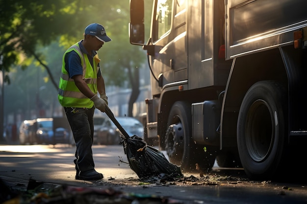 Photo garbageman sweeping the street next to the garbage truck