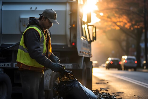 Photo garbageman sweeping the street next to the garbage truck