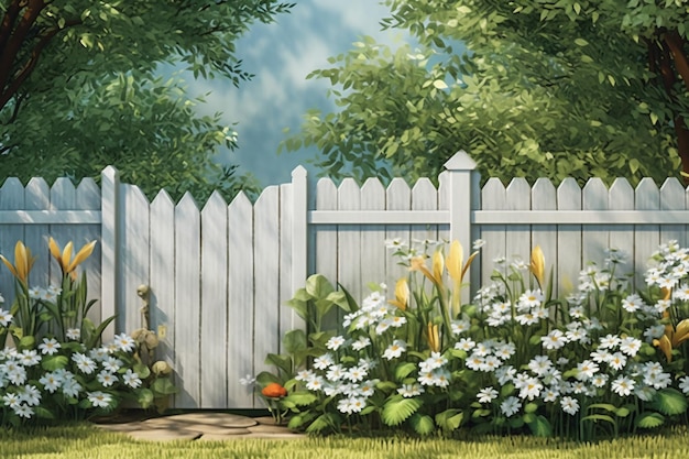 A garden backdrop with white fence AI generative