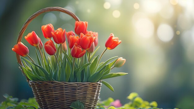 A garden basket filled with tulips