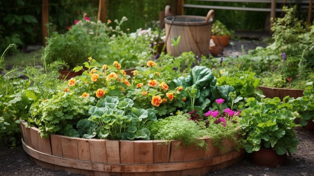 A garden bed with a wooden frame and a wooden basket full of flowers.