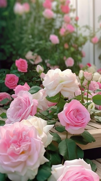 A garden bench with pink roses on it.