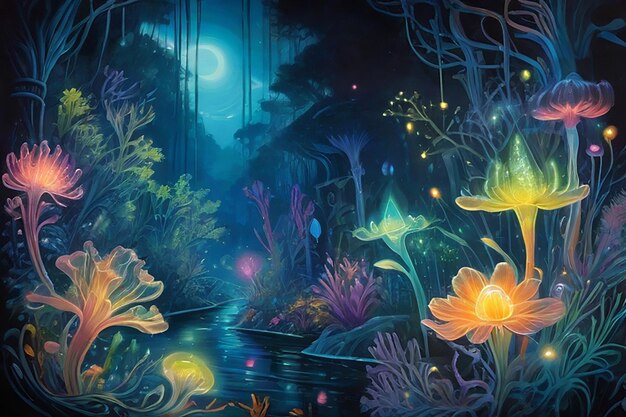 A garden of bioluminescent flowers