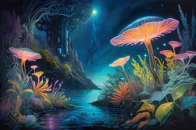 A garden of bioluminescent flowers