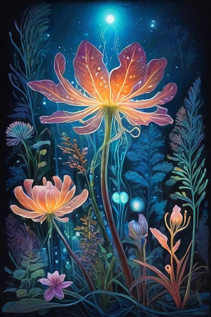 A garden of bioluminescent flowers