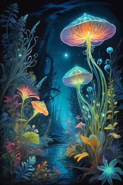 A garden of bioluminescent flowers