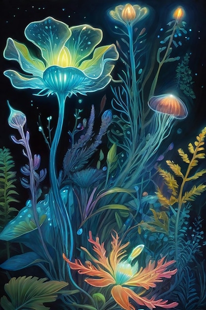 A garden of bioluminescent flowers