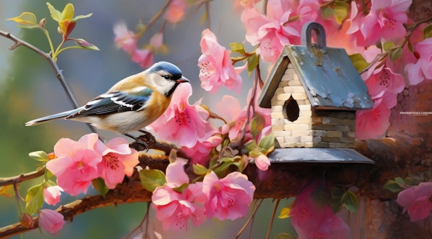 写真 春の花をかせている枝の上の庭の鳥