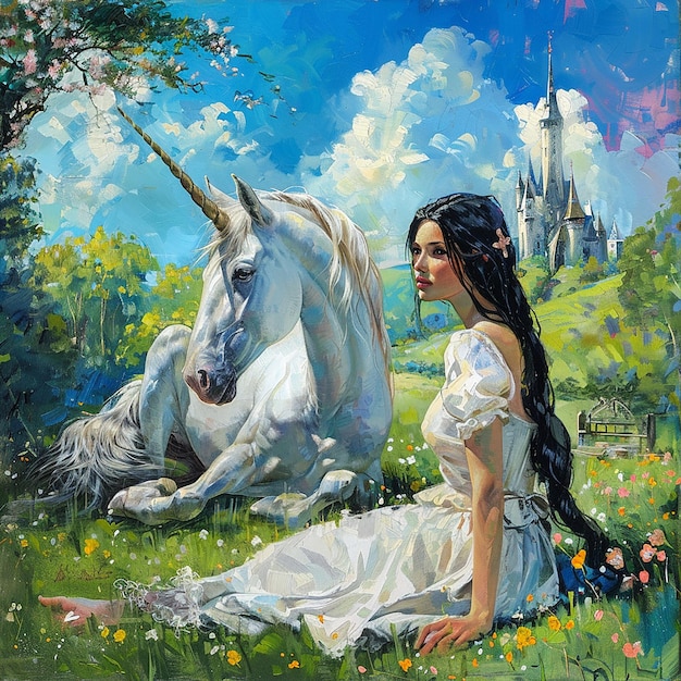 In the garden a blackhaired woman looking at the viewer dressed in a simple white dress sits on t