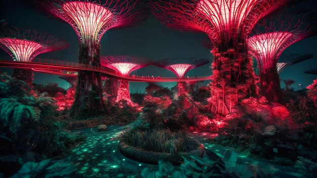 The garden by the bay with colorful trees at night