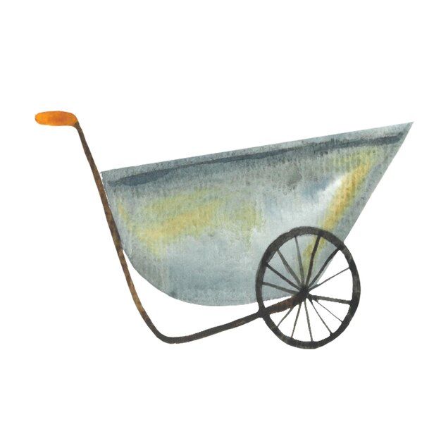 Garden cart wheelbarrow for rustic work watercolor hand drawn yard tool