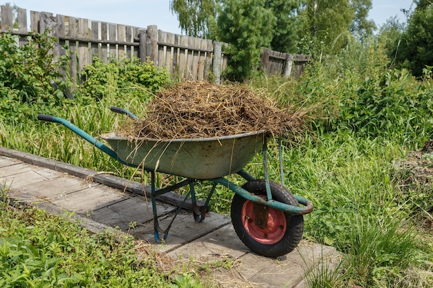 Garden cart with natural cow dung. The cart is on a wooden bridge near the fence.