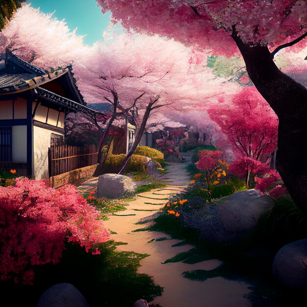 Иллюстрация Garden Cherry Blossom, созданная с помощью технологии генеративного искусственного интеллекта