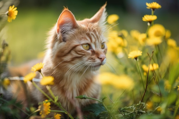 In the garden a cute cat holds a flower