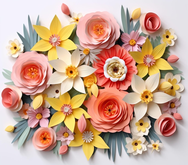 A garden of daffodils and tulips in the style of 3D paper flowers pastel retro colors white background Generative AI