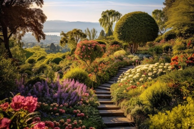 Garden of Delights picturesque panorama of a bountiful garden bursting with colorful blooms