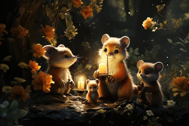 Garden enchanted with cute animals playing generative IA