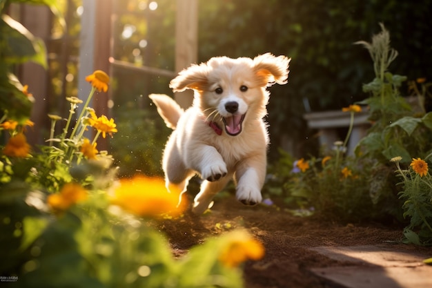 写真 遊び心のある子犬のガーデンファンタジー