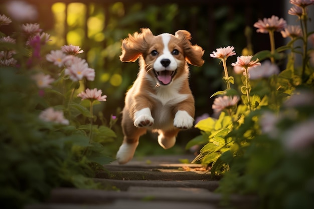 Садовая фантазия игривого щенка