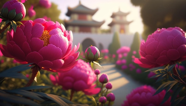 Garden filled with lots of pink flowers generative ai